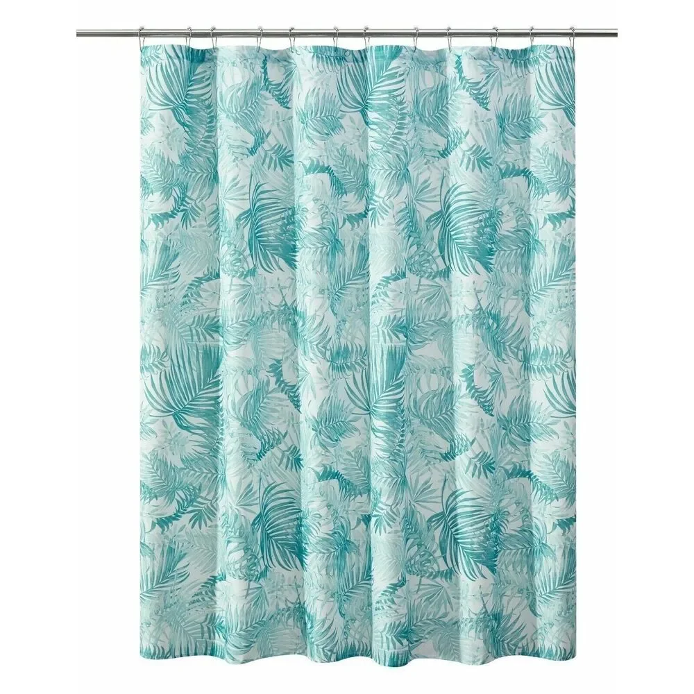 Tropical Green Palm Leaves Fabric Shower Curtain Ribbed Striped Textured Bath